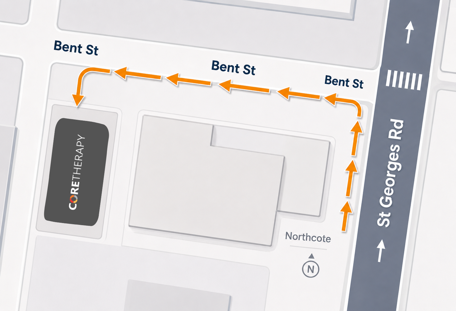 Street directions map to Core Therapy, 191 Saint Georges Road, Northcote